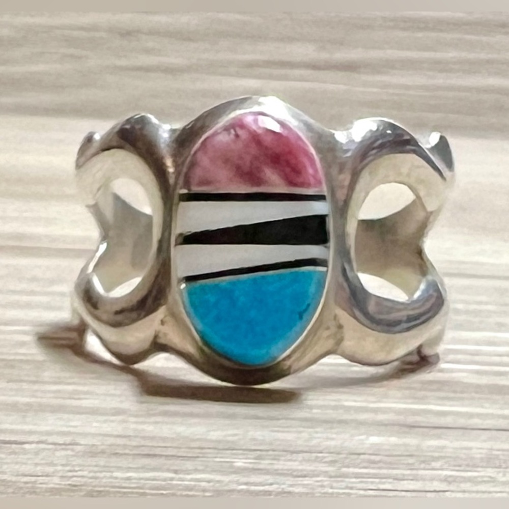 Navajo Designer Signed (TL) Sterling Silver Abstract Multicolor Inlay Ring - Picture 2 of 10